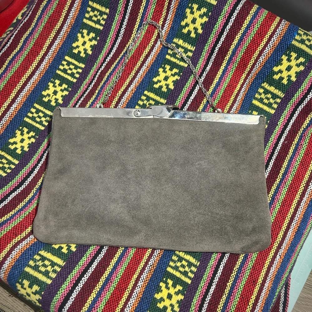 Vintage Suede Leather gray clutch pouch with silver wrist chain